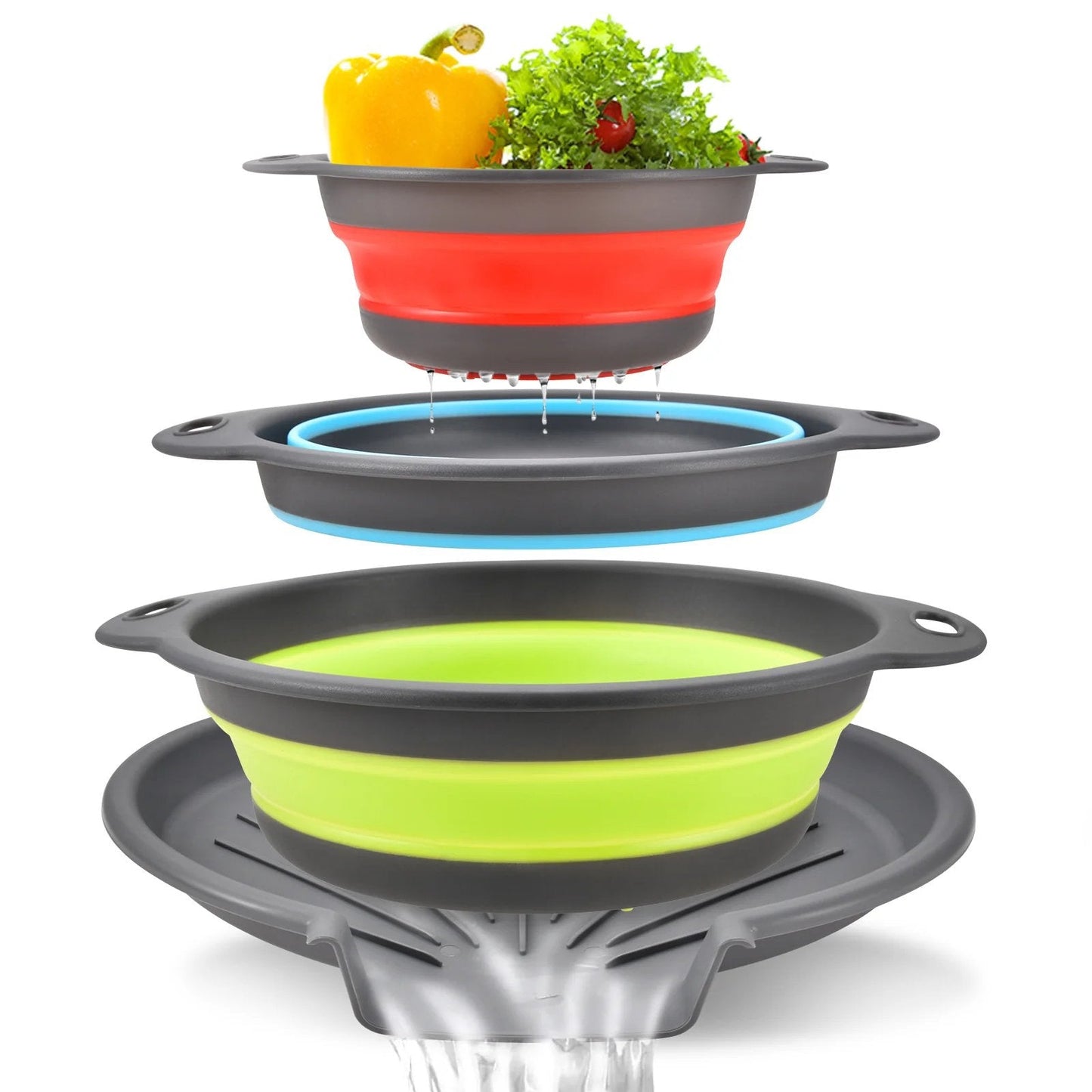 Collapsible Colander Set of 3 – Space-Saving Strainers with Draining Base | Small Medium Large