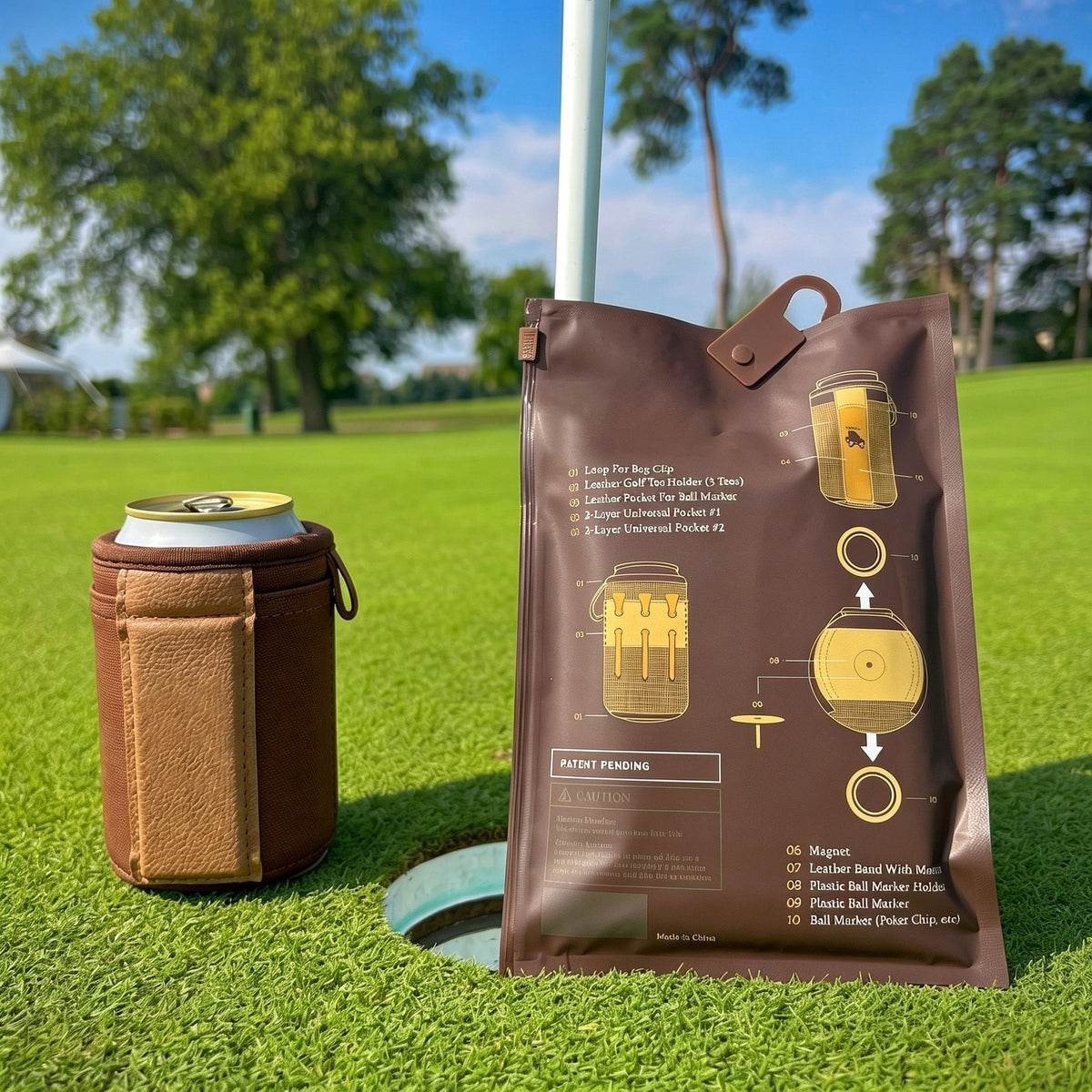 Golf Caddie Drink Holder with Magnetic Attachment All-in-One Golf Koozie with 3 Tees Slots , Ball Marker Slot & Dual Storage Pockets