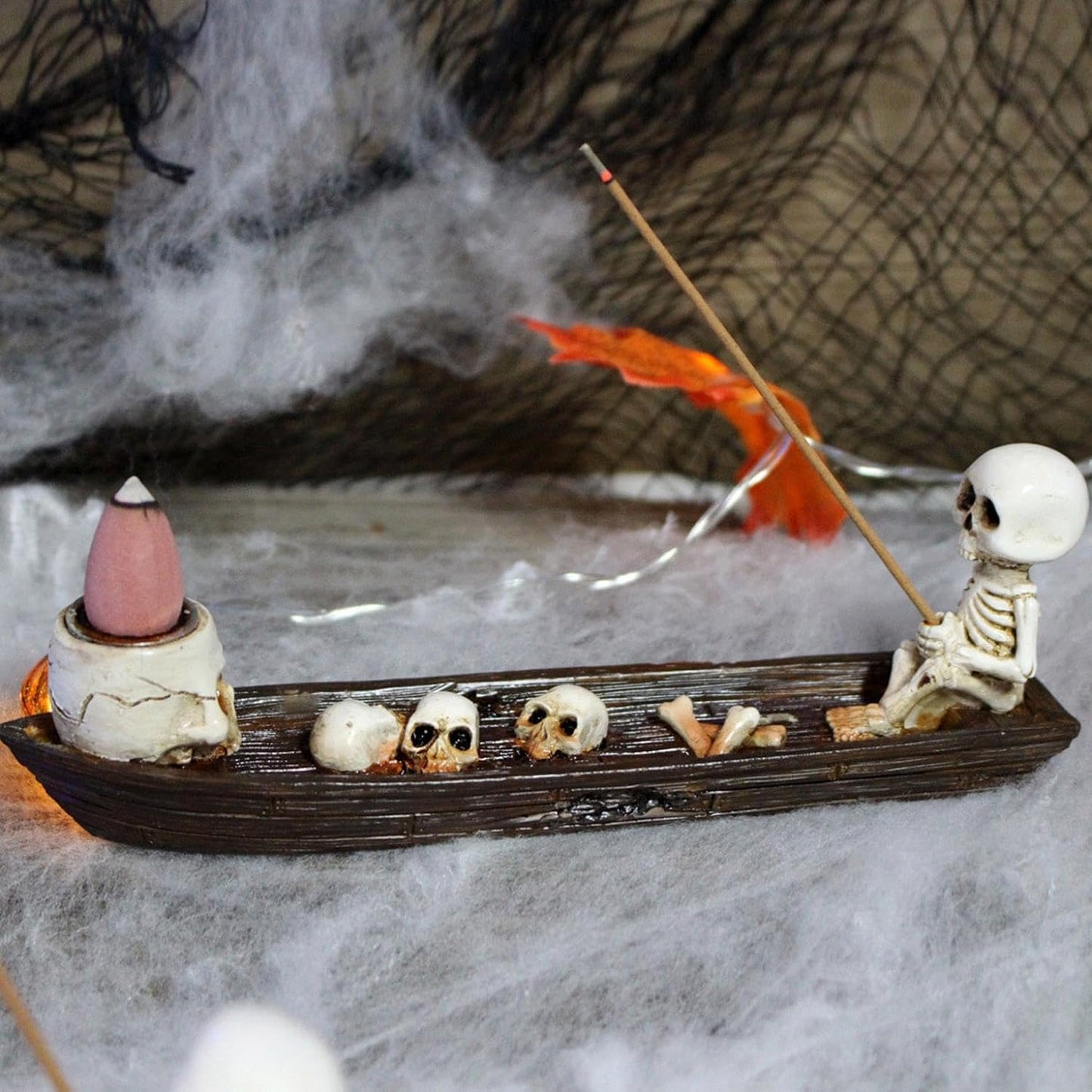 Skull Backflow Incense Holder Burner, Holder Skull in Fishing Boat of Skulls Decorative