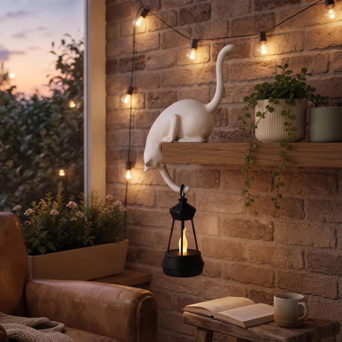 🐈Whimsical Cat Shelf Sitter with LED Lantern – Cute Bookshelf Decor & Handy Key Hook