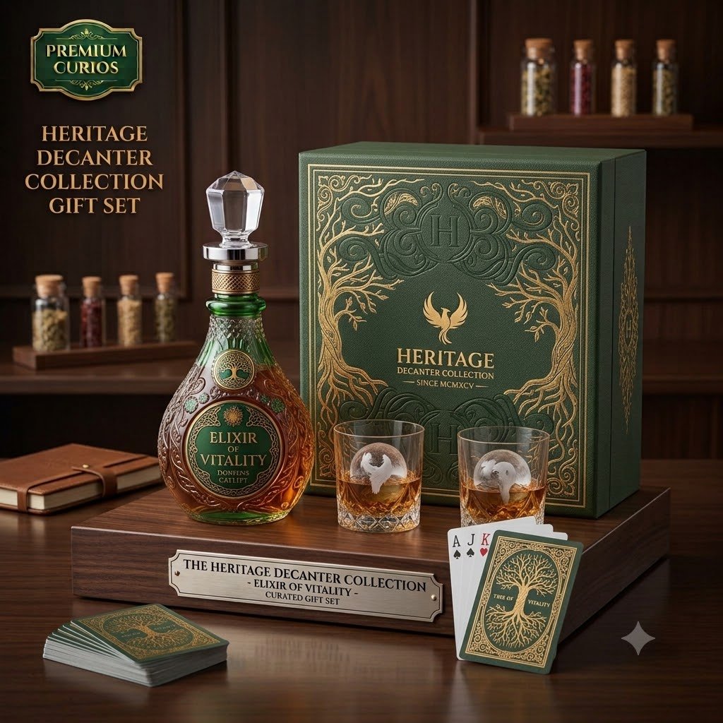 🌳 The Heritage Collection – “Fountain of Life” Luxury Decanter and Whiskey Glass Set with Vintage-Style Carvings