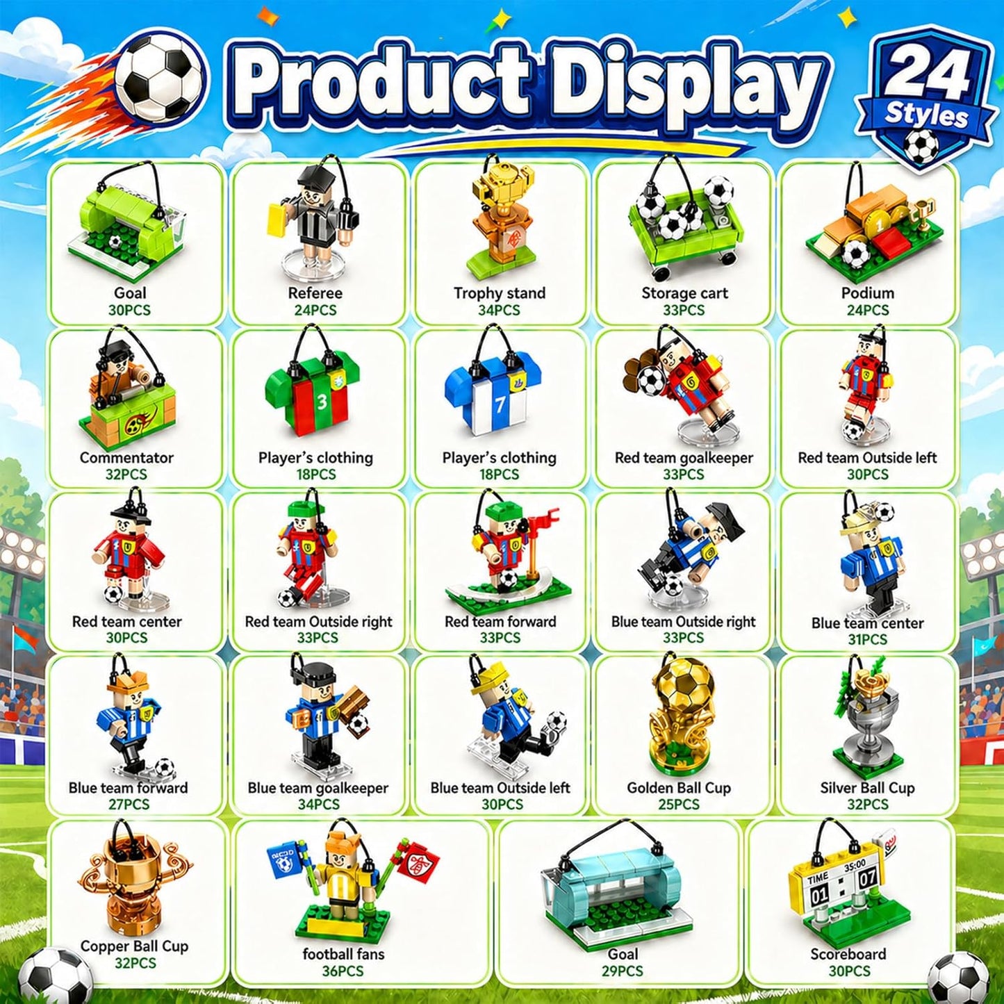 2026 World Cup Soccer Building Blocks Advent Calendar - 24 Pack Mystery Blind Box Toy Set with 10 Figures, Playable Field & Keychains (712 PCS)