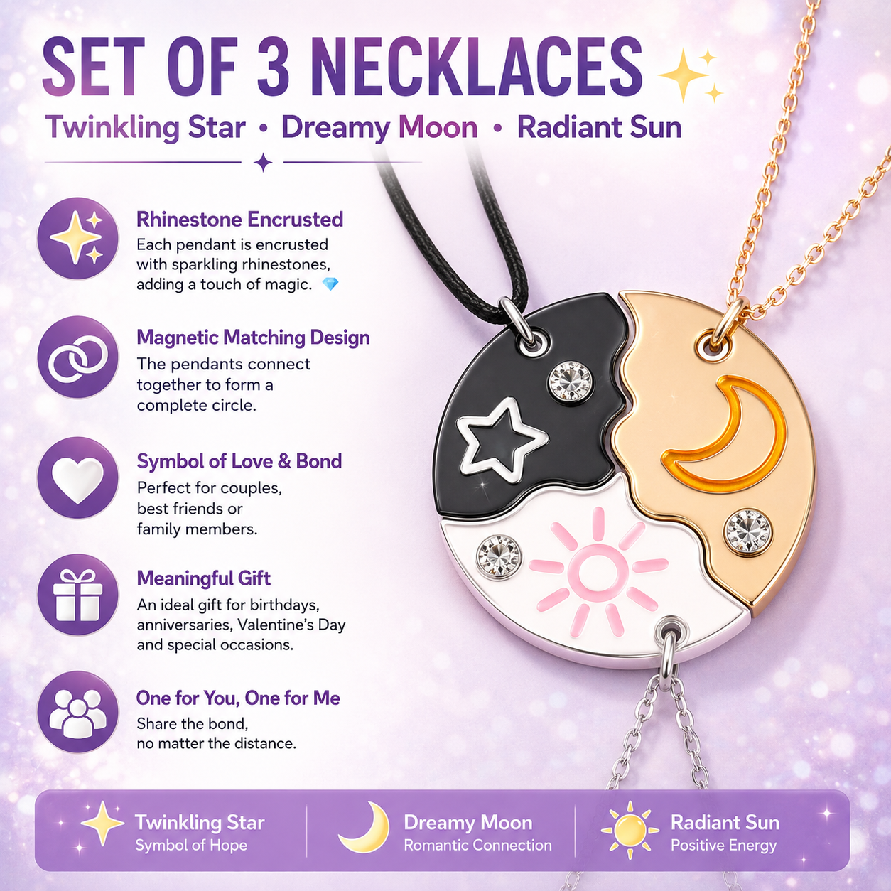 🎁Set of 3 Round Rhinestone Star Moon Sun Friendship Necklaces BFF Best Friends Forever Fantasy Cute Pendant for Unbreakable Friendship