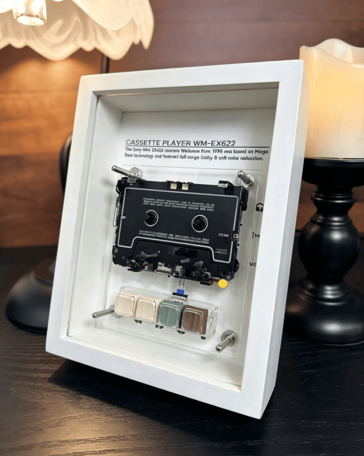 Vintage Cassette Player Frame with Functional Tape Playback & Retro Wall Art Design