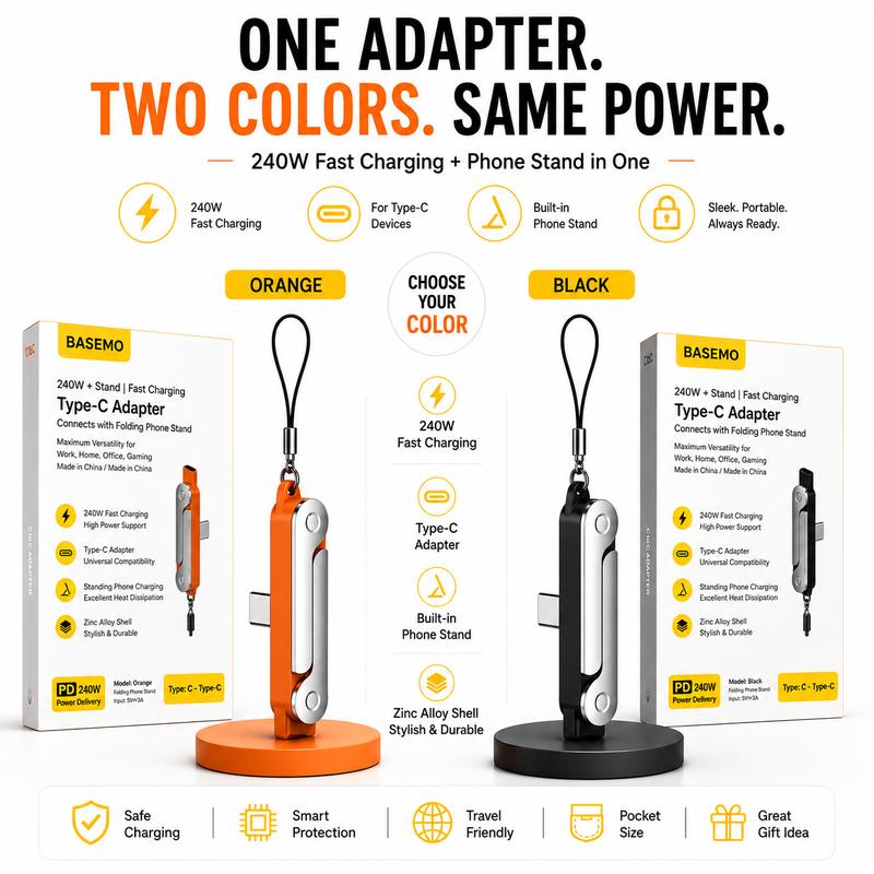 240W PD Fast Charging Type-C Adapter With Built-in Foldable Phone Stand Portable Zinc Alloy USB C Converter Travel Pocket Charger Gift For Men Women Holder Cellphone Smartphone