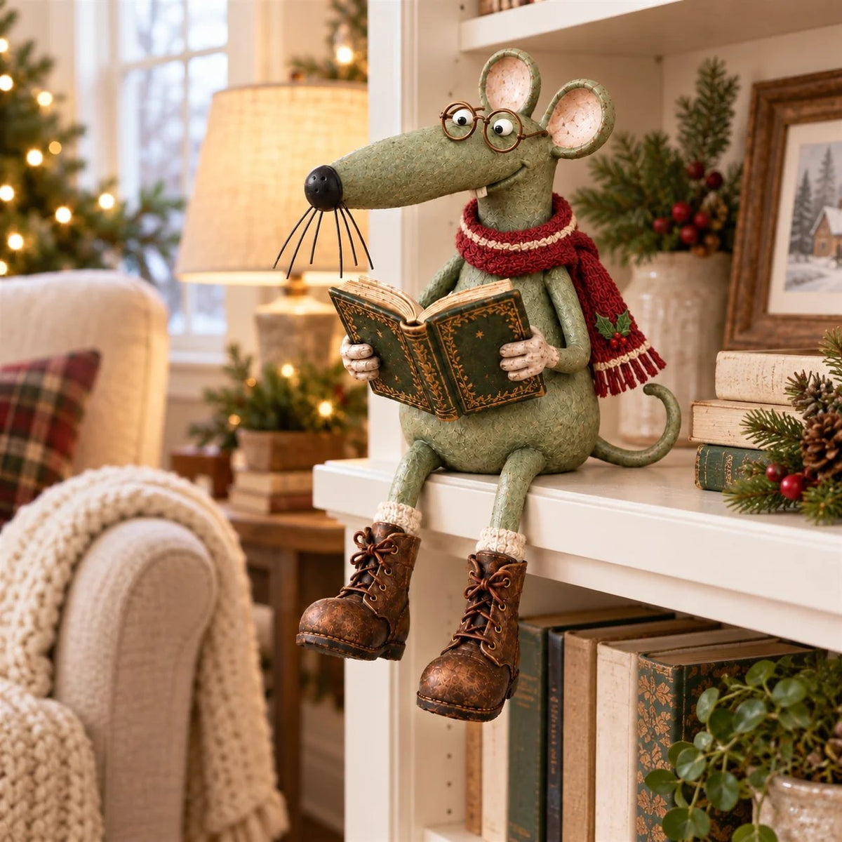 🐭📚 Whimsical Reading Mouse Shelf Sitter – Vintage Book Lover Figurine & Cozy Home Décor