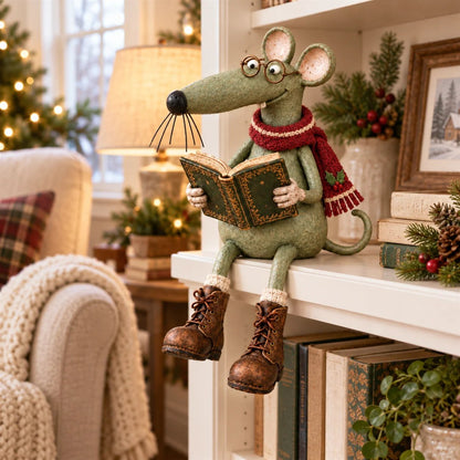 🐭📚 Whimsical Reading Mouse Shelf Sitter – Vintage Book Lover Figurine & Cozy Home Décor