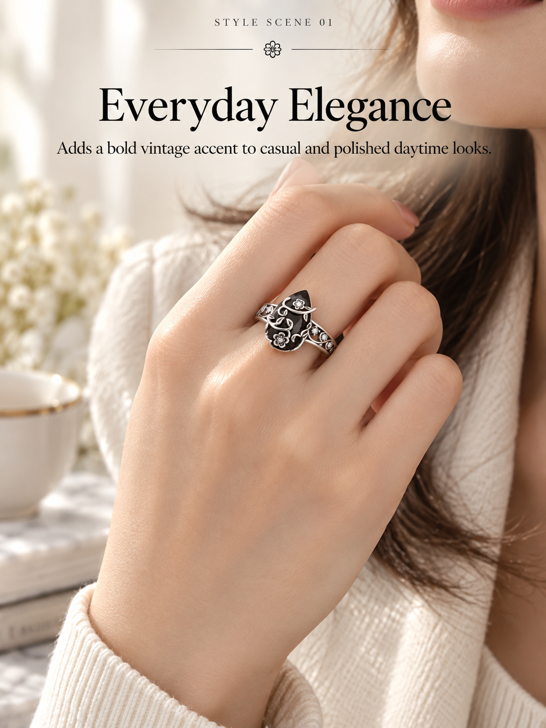 🌸 Vintage Boho Floral Gem Ring – Elegant Silver-Tone Women’s Statement Jewelry