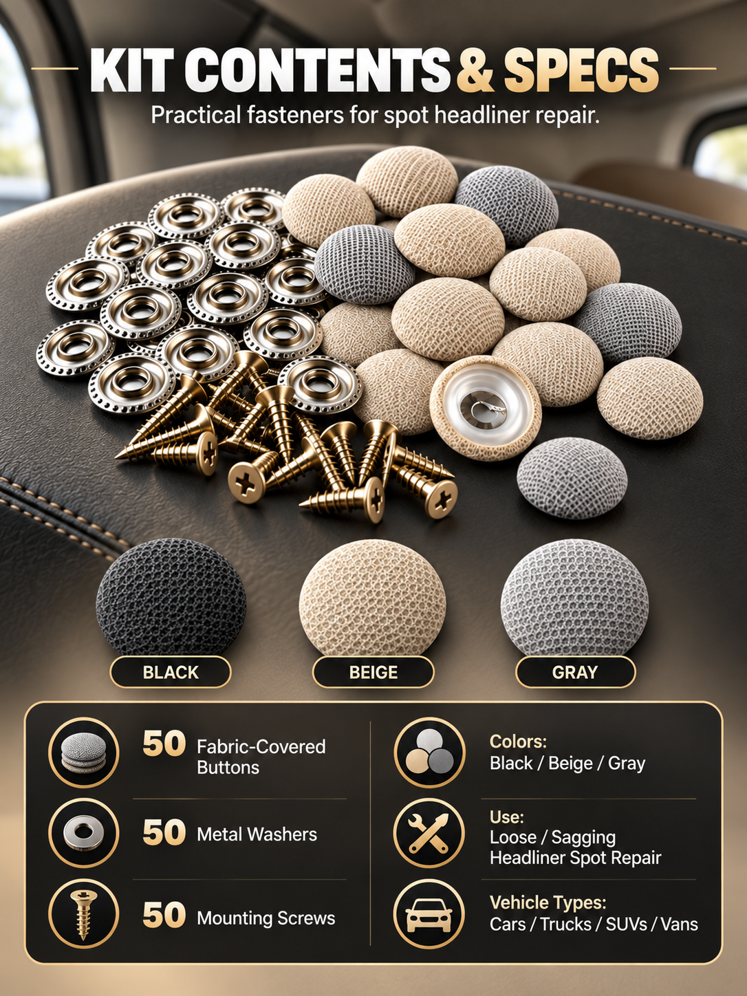 🚗 Car Headliner Repair Buttons – No-Sag Roof Liner Fixing Kit for Interior Upholstery