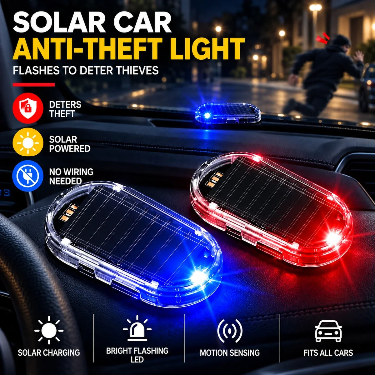 💥Solar Powered Fake Car Alarm Light, Auto Light Sensor LED Simulated Security Warning Flashing Light