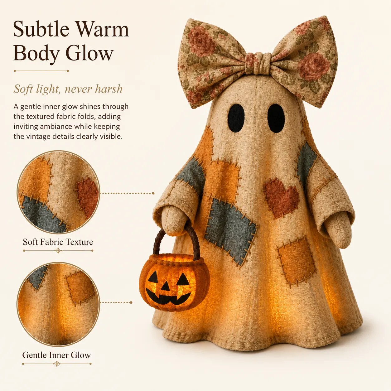 🍂 Vintage Patchwork Light-Up Ghost with Glowing Pumpkin Pail