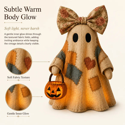 🍂 Vintage Patchwork Light-Up Ghost with Glowing Pumpkin Pail