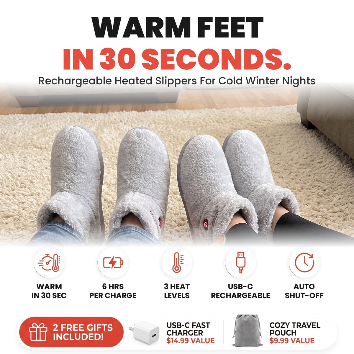 WarmStep heated slippers - warm feet in 30 seconds, 2 free gifts included