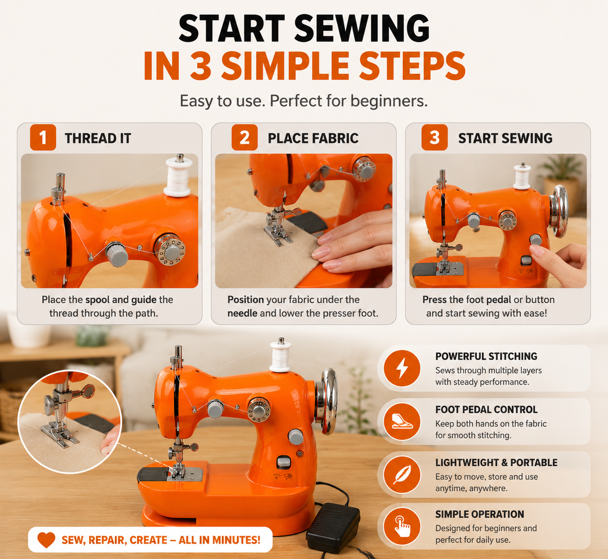 Mini Electric Sewing Machine – Compact Sewing Helper for Repairs, Crafts & Creative Projects