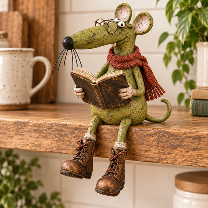 🐭📚 Whimsical Reading Mouse Shelf Sitter – Vintage Book Lover Figurine & Cozy Home Décor