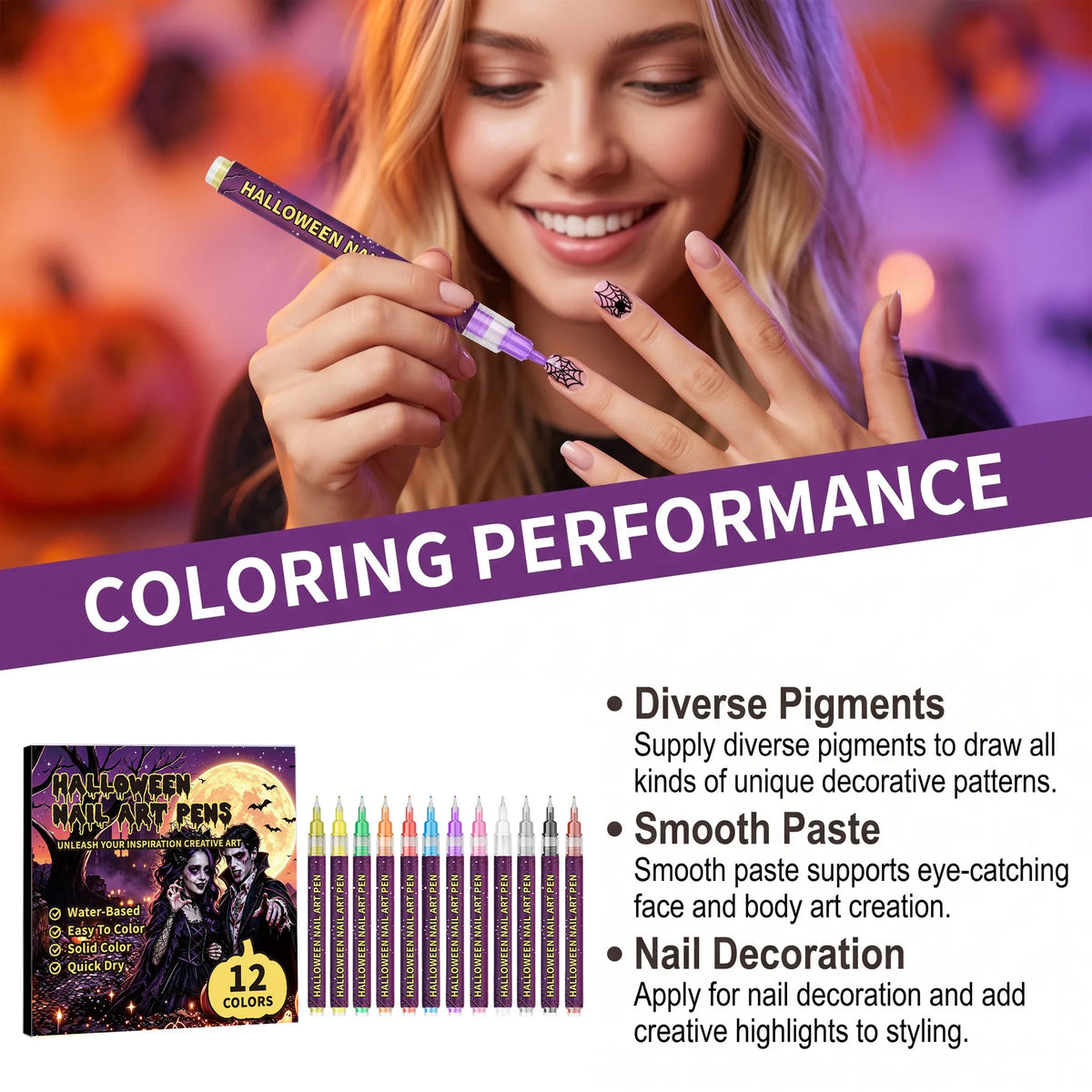 🎨12 Colors Halloween Nail Art Pens✨Water‑Based Quick Dry Face & Body Painting Marker For Festival Party DIY