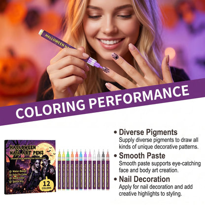🎨12 Colors Halloween Nail Art Pens✨Water‑Based Quick Dry Face & Body Painting Marker For Festival Party DIY