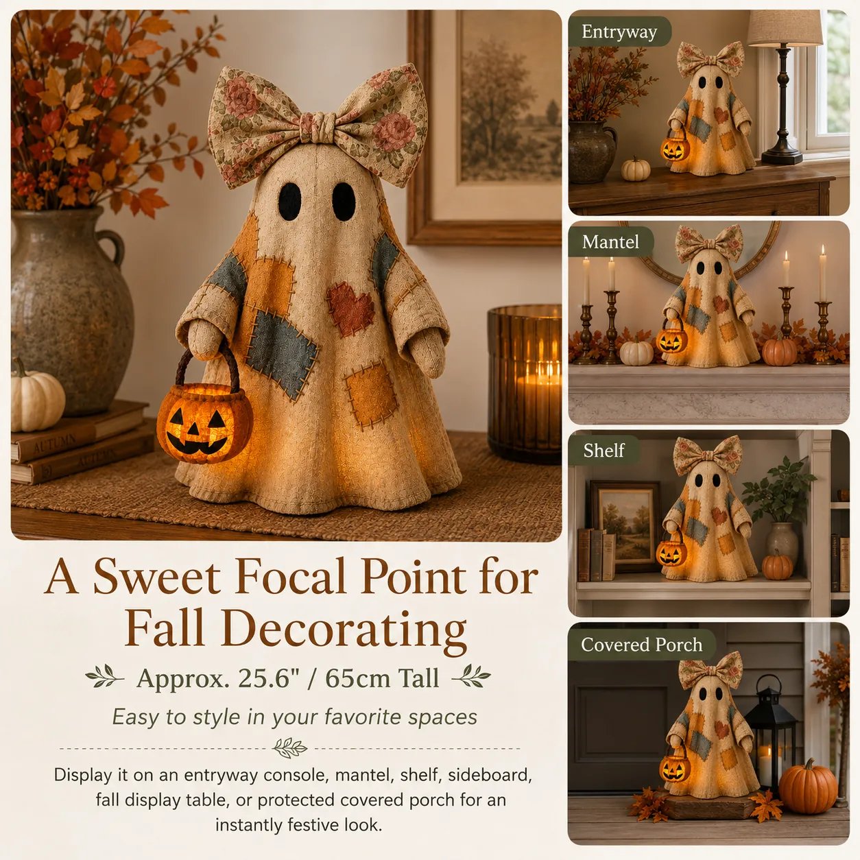 🍂 Vintage Patchwork Light-Up Ghost with Glowing Pumpkin Pail