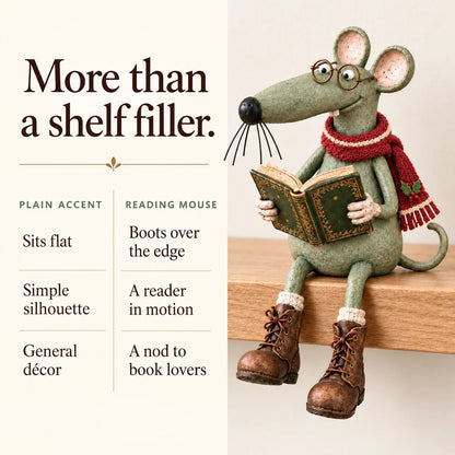 🐭📚 Whimsical Reading Mouse Shelf Sitter – Vintage Book Lover Figurine & Cozy Home Décor