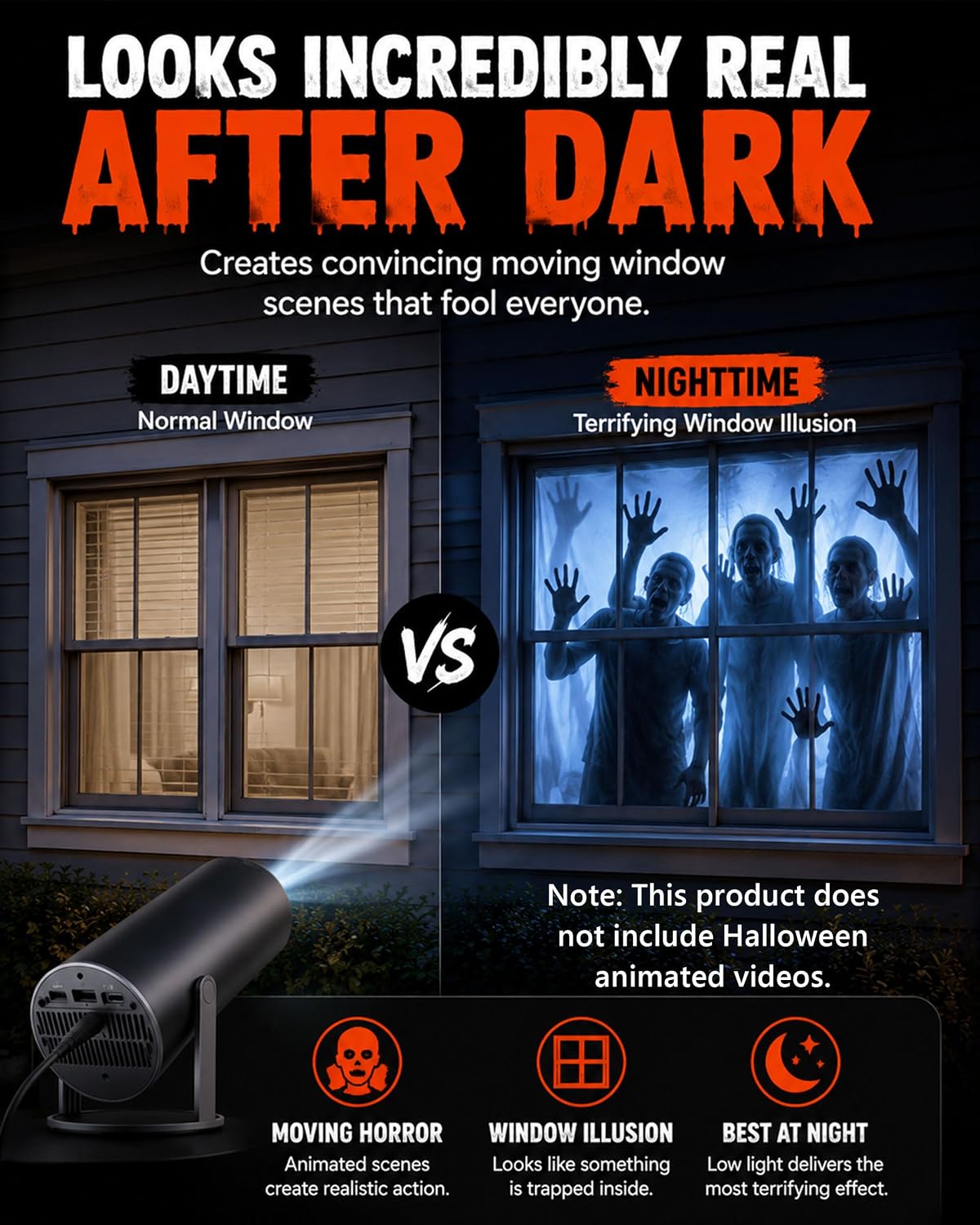 Scary Decorations Halloween Window Projector，White：With Effect fabric | Projects Animated Horror Window Scenes with Easy Setup, 210° Rotation, Built-In Speaker, And Auto Keystone Correction