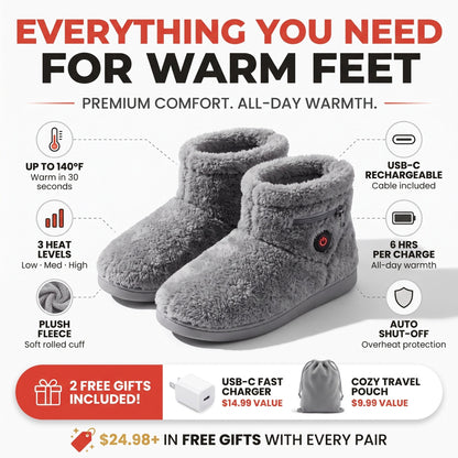 Everything you need for warm feet - up to 140F, 3 heat levels, USB-C, 6 hrs per charge, auto shut-off