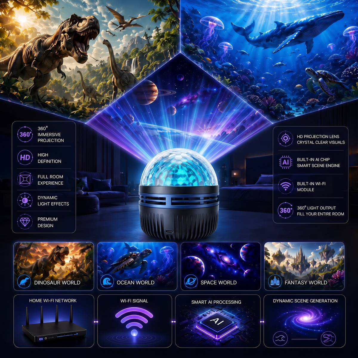 🎁🦖360° Smart Holographic Starry Sky Projector (HD Smart Dynamic 5D)