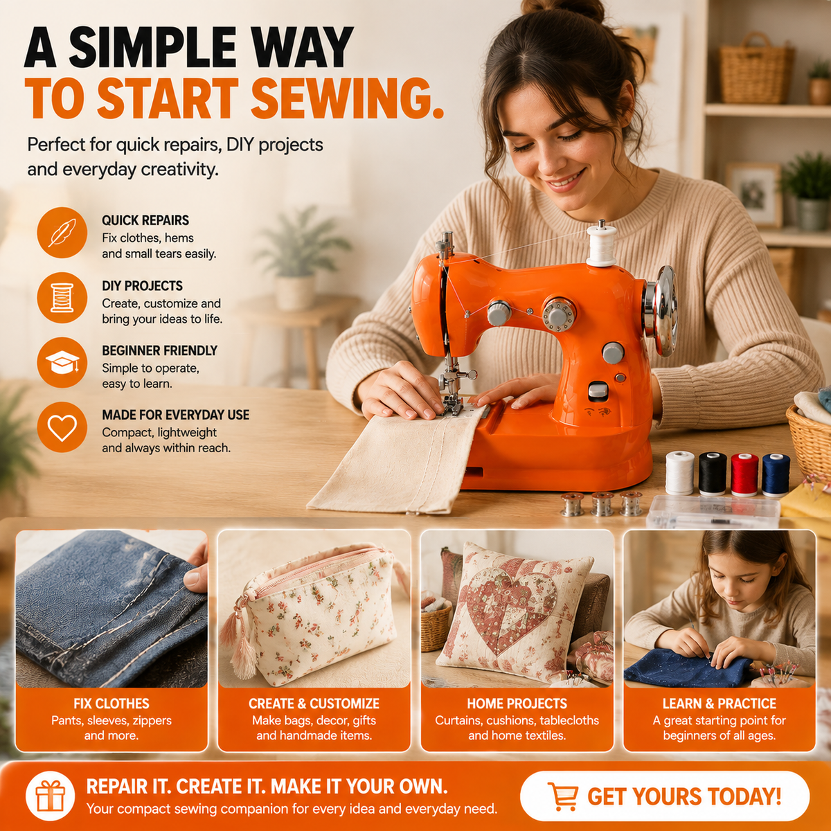Mini Electric Sewing Machine – Compact Sewing Helper for Repairs, Crafts & Creative Projects