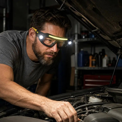 Rechargeable LED Headlamp Glasses - Hand-Wave Sense, Type-C USB Charging, 5-Mode COB Lights, Dual Side Spotlights, IPX4 Waterresist, Lightweight Motorcycle Accessories for Camping, Automotive Tasks