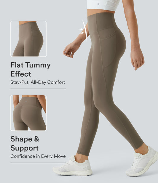 Feature graphic: the smooth high-rise waistband and side pockets on Celeste L'Amour Dawn Brown leggings