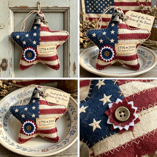 3-Pcs 2026 US 250th Anniversary Patriotic Ornaments - Handstitched Rustic Star Heart Map Decor Set