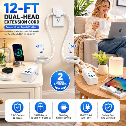 ⚡ Dual Extension Cable – 12-Foot Splitter with USB & AC Ports