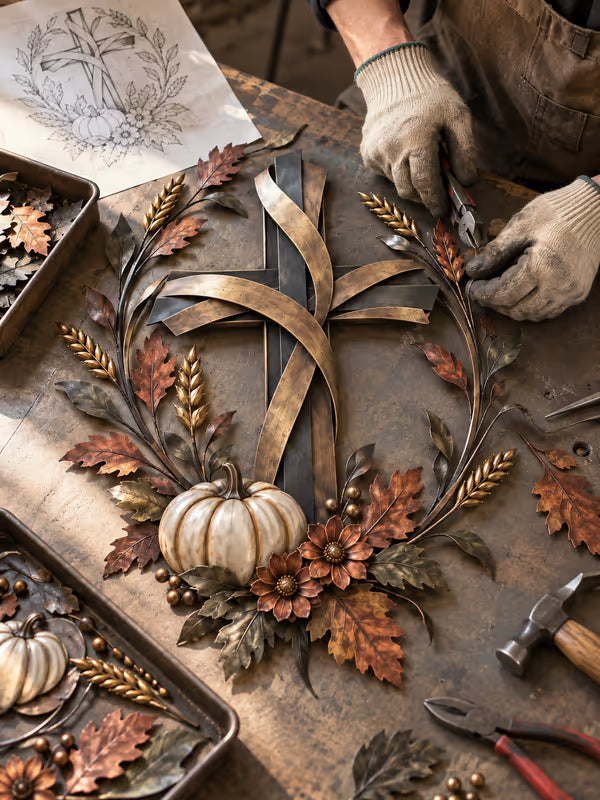 ✝️🍂 Autumn Cross & Pumpkin Harvest Metal Wall Decor