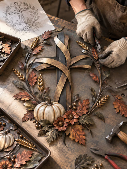 ✝️🍂 Autumn Cross & Pumpkin Harvest Metal Wall Decor
