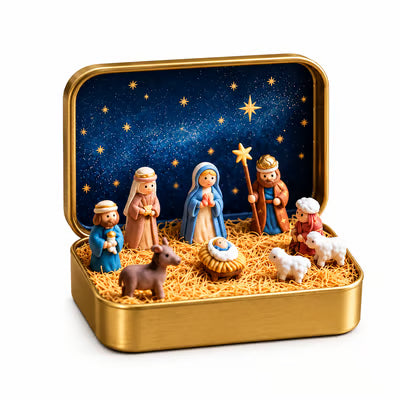 Religious Pocket-Size Mini Nativity Scene Set with Storage Box