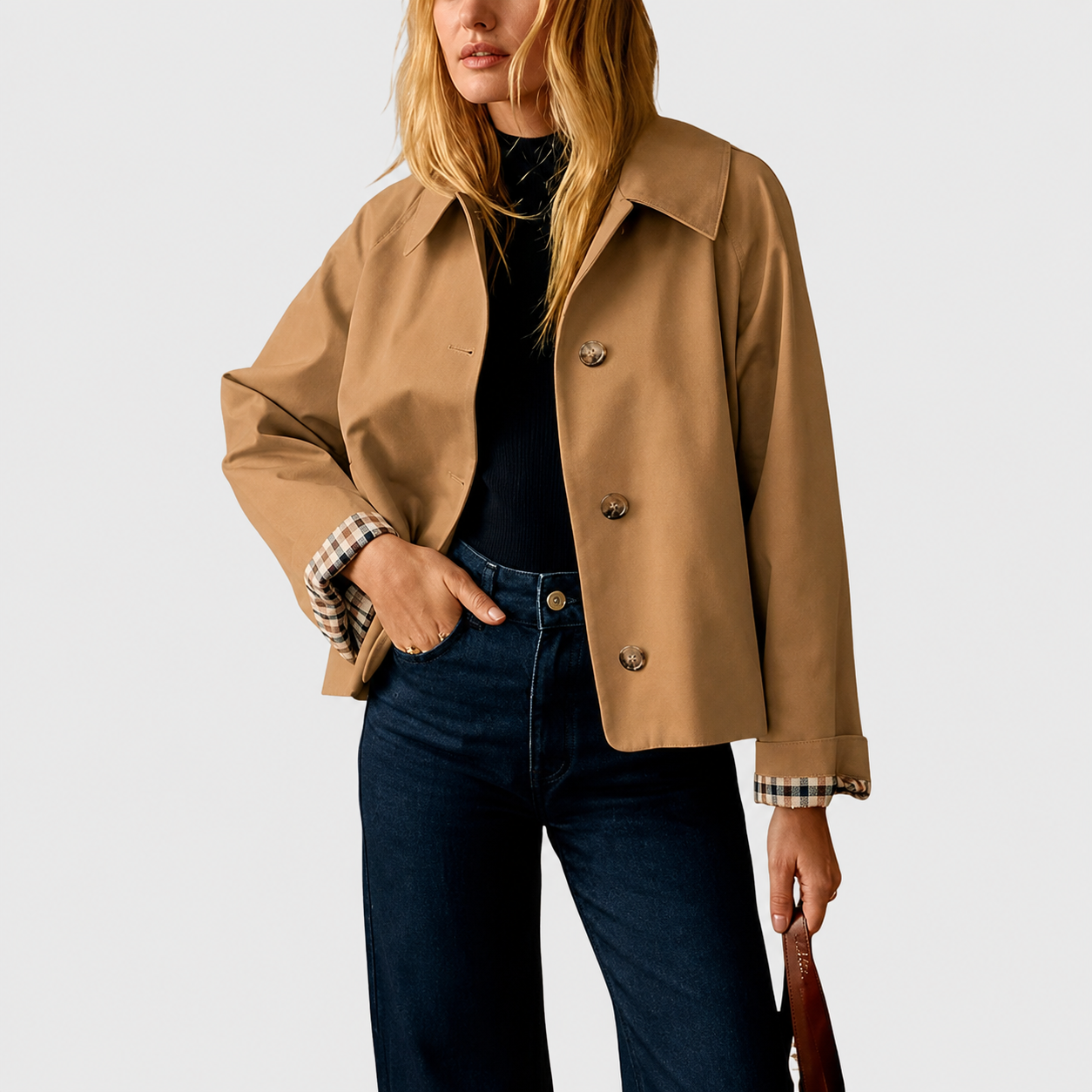 Women's Cropped Trench Coat – Relaxed Fit Jacket with Plaid Lining | 7 Colors