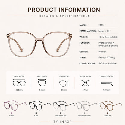 🕶️ Oversized Fashion Prescription Glasses – Trendy Photochromic Lenses with Blue Light Blocking ✨