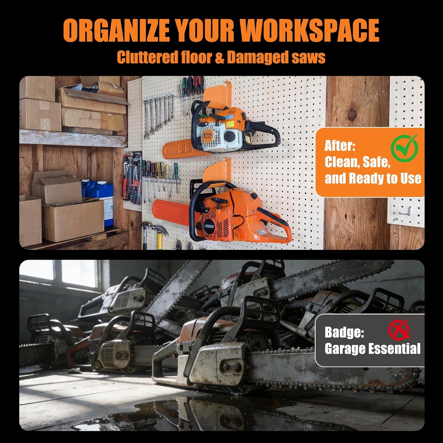 🧰 Heavy-Duty 304 Stainless Steel Chainsaw Wall Mount Hanger | Anti-Level Storage Bracket for Stihl, Husqvarna & Poulan Saws