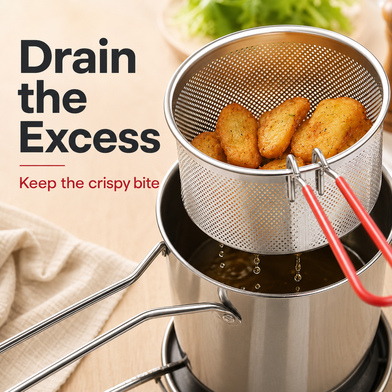 2026🍟 Personal Mini Deep Fryer Set – Stainless Steel Pot with Lift-Out Draining Basket & Food Tongs