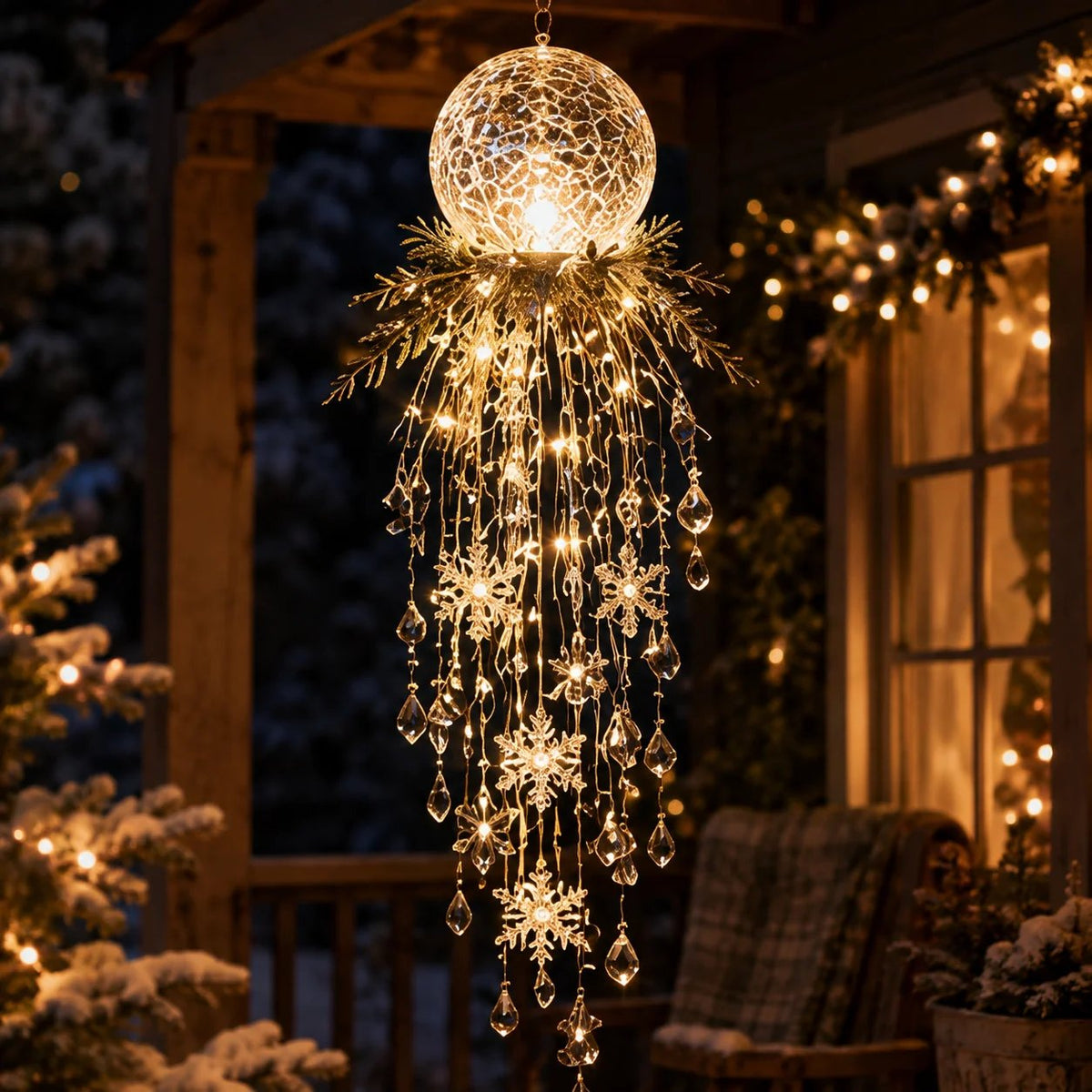 Crystal Cascade Christmas Light™ – Hängande LED-dekoration för verandan: snöflingor och kristaller ✨❄️