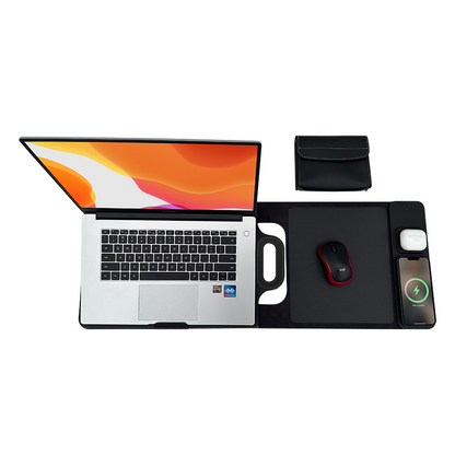 The All-In-One Mobile Workstation Sleeve | Built-In 15W Multi-Device Wireless Charger, Ergonomic Laptop Stand & Mousepad (Fits up to 16')