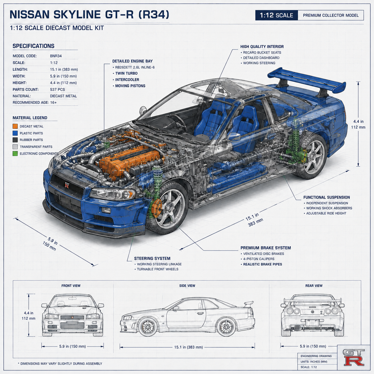 Capo GTR SkyLine GT-R R34 Drift Car Model Building kits 1/12 Scale 2.4Ghz