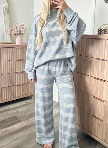🔥Women’s Striped Mock Neck Long-Sleeve Top & Wide-Leg Pants Set
