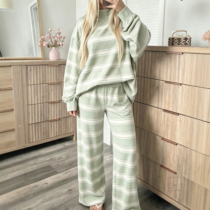 🔥Women’s Striped Mock Neck Long-Sleeve Top & Wide-Leg Pants Set