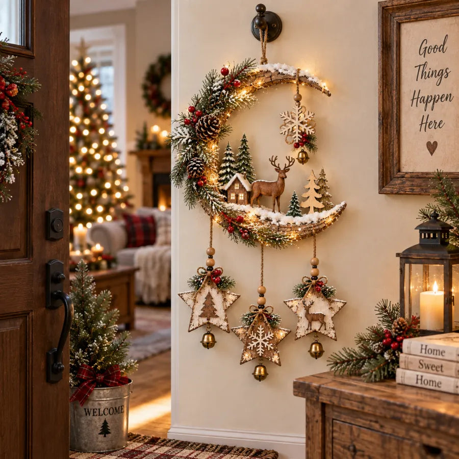 Lighted Rustic Christmas Crescent Moon Wall Decor