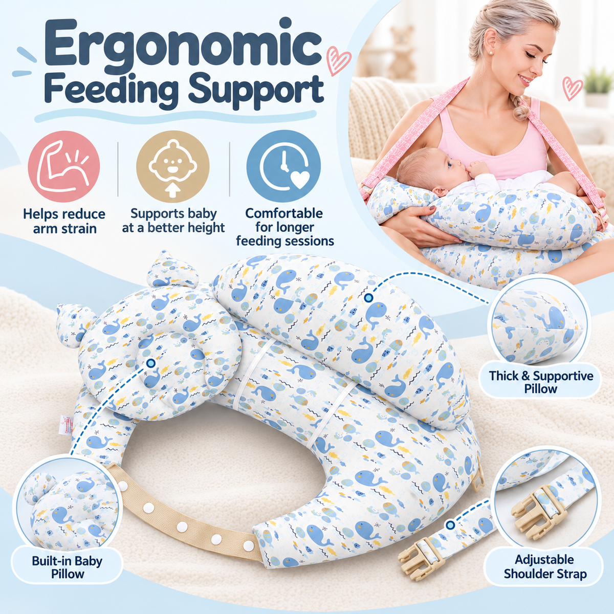 👶 Ergonomic Nursing Pillow 🍼 Hands-Free Feeding Cushion with Adjustable Strap & Baby Pillow