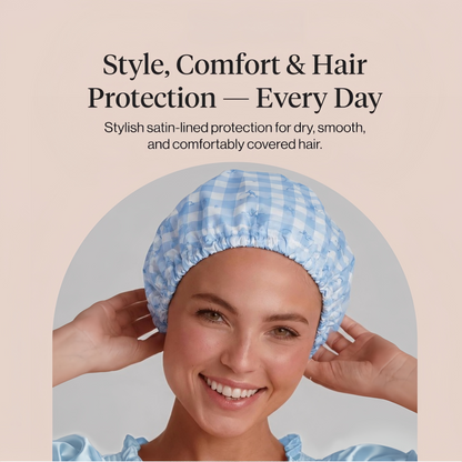 Gingham Blue Satin Lined Flexi Shower Cap