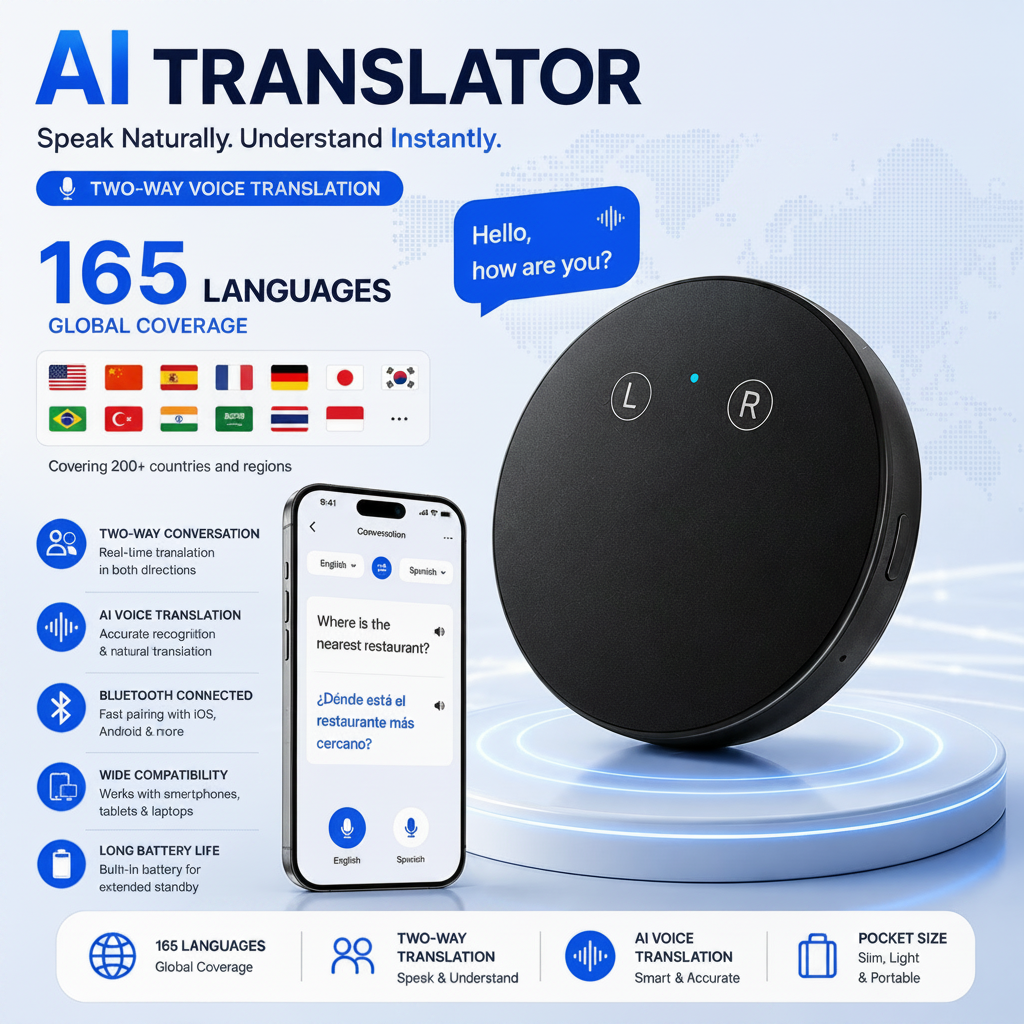 AI Pocket Translator with smartphone showing two-way English and Spanish translation