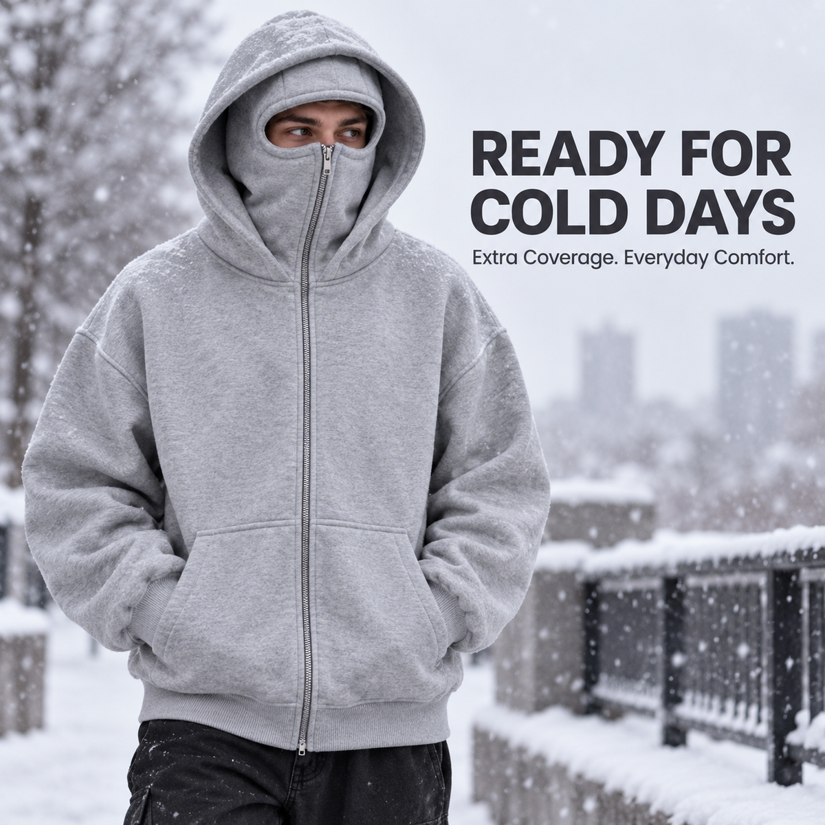 Full Zip Face Mask Hoodie - Premium Fleece Lined Hooded Sweatshirt, Trendy Y2K Streetwear Jacket for Spring & Fall 🧥