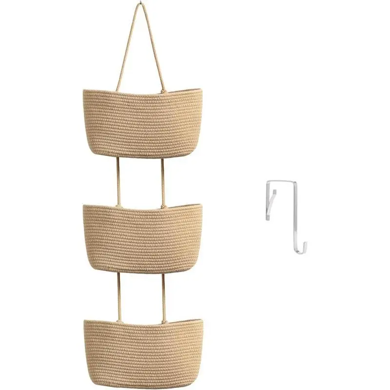 Woven cotton 3-Tier Over the Door Basket, Wall-Mounted Jute Bathroom Storage Organizer – Decorative Nursery Baskets