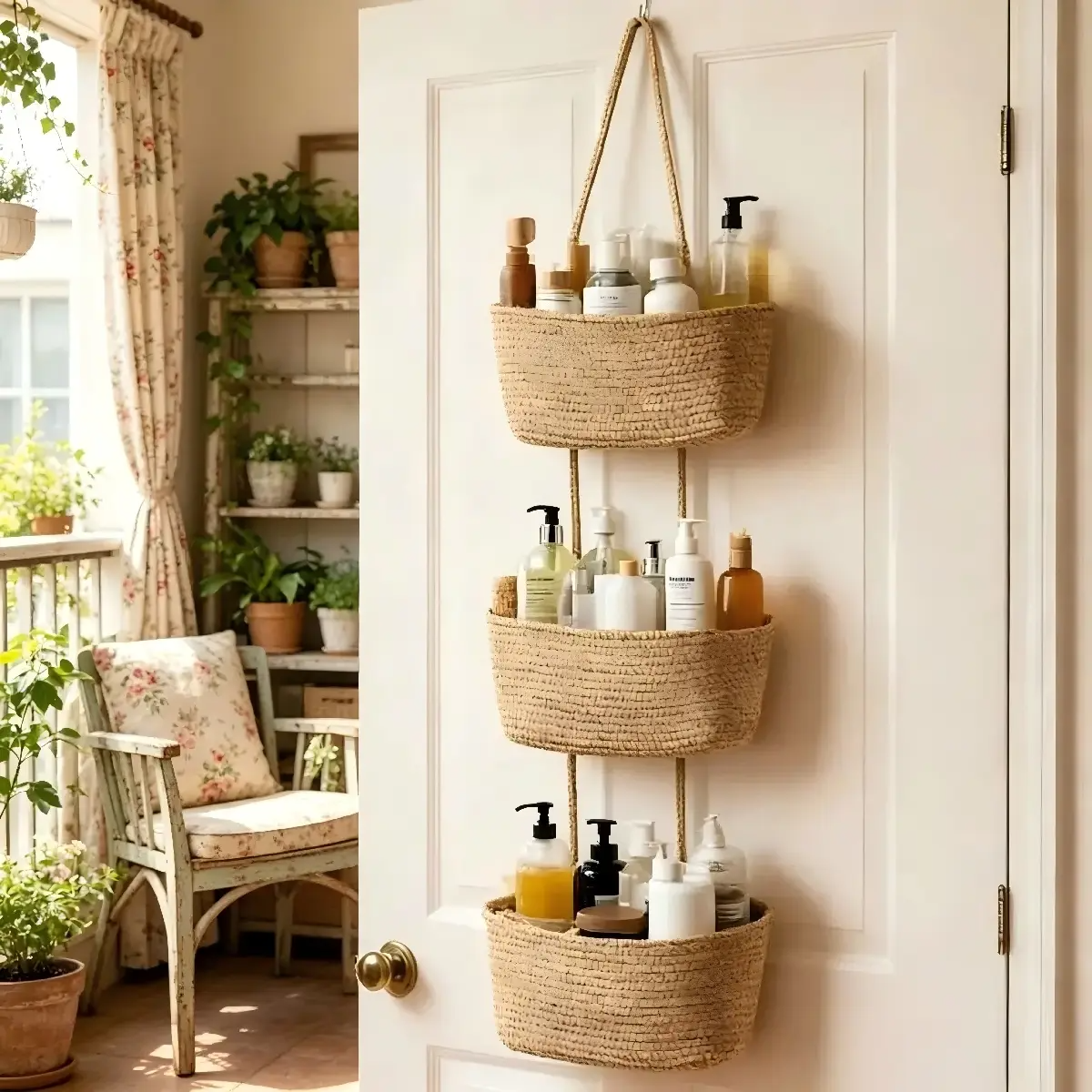 Woven cotton 3-Tier Over the Door Basket, Wall-Mounted Jute Bathroom Storage Organizer – Decorative Nursery Baskets